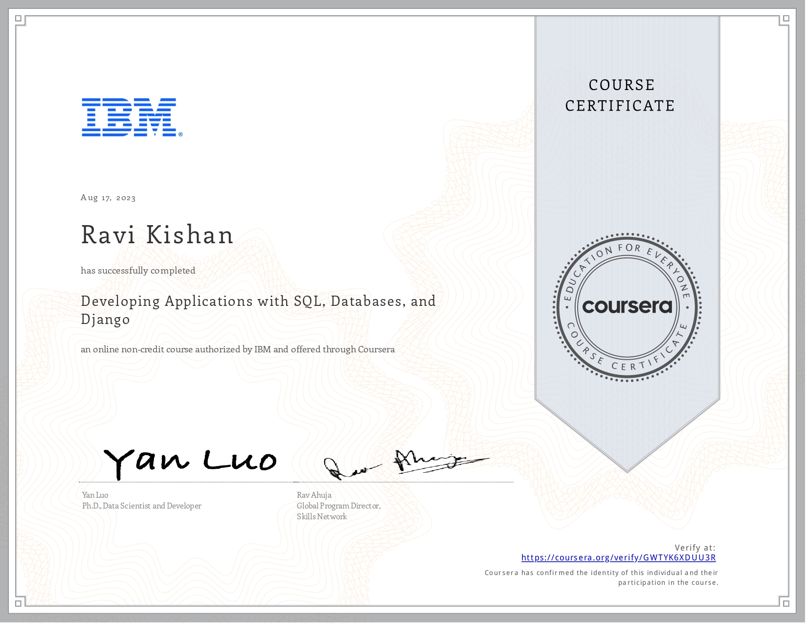 Developing Applications with SQL, Databases, and Django certificate Ravi Kishan