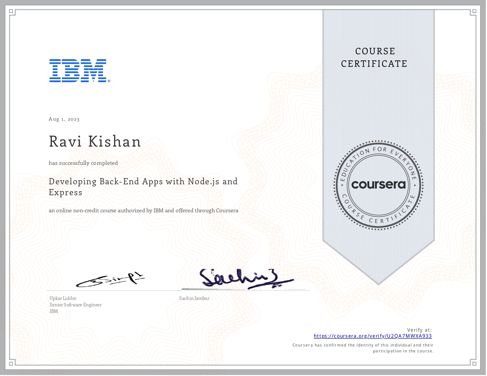 Developing Back-End Applications with Node.js and Express certificate Ravi Kishan