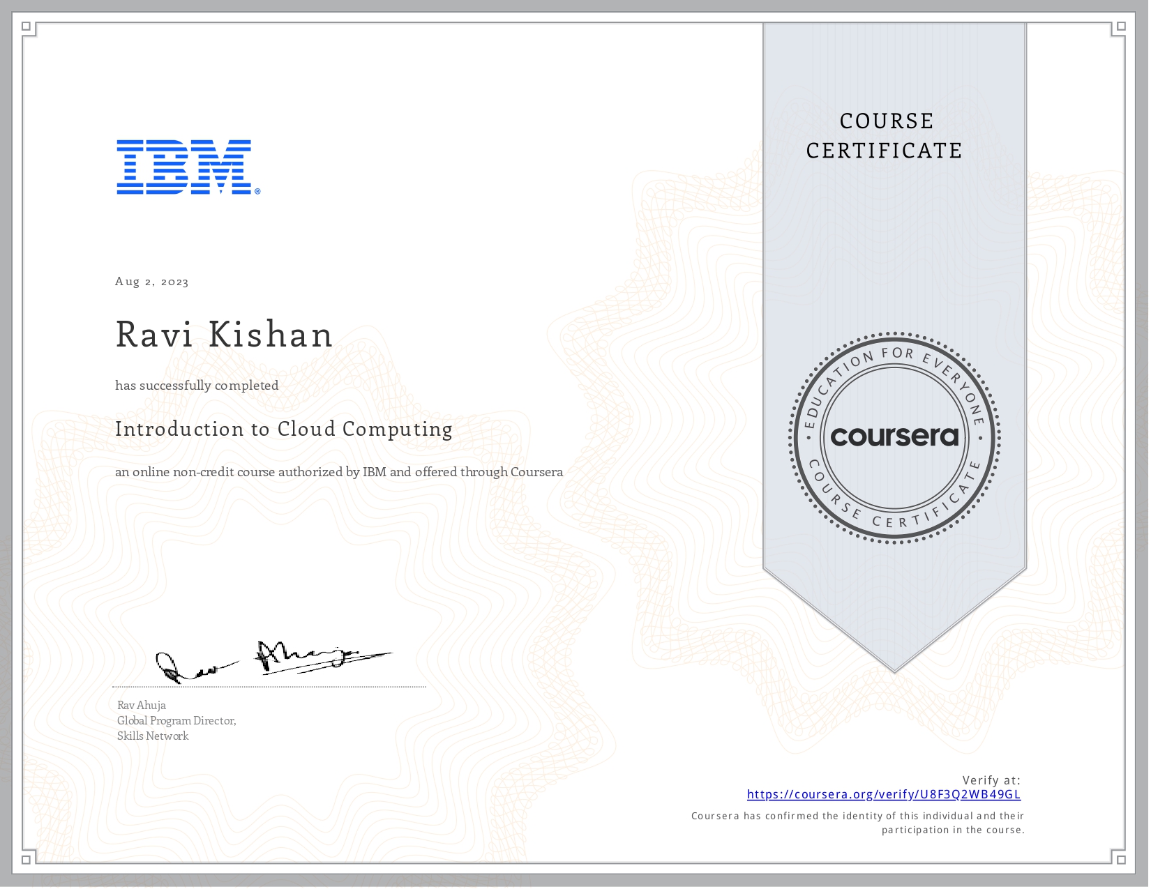 Introduction to Cloud Computing certificate Ravi Kishan