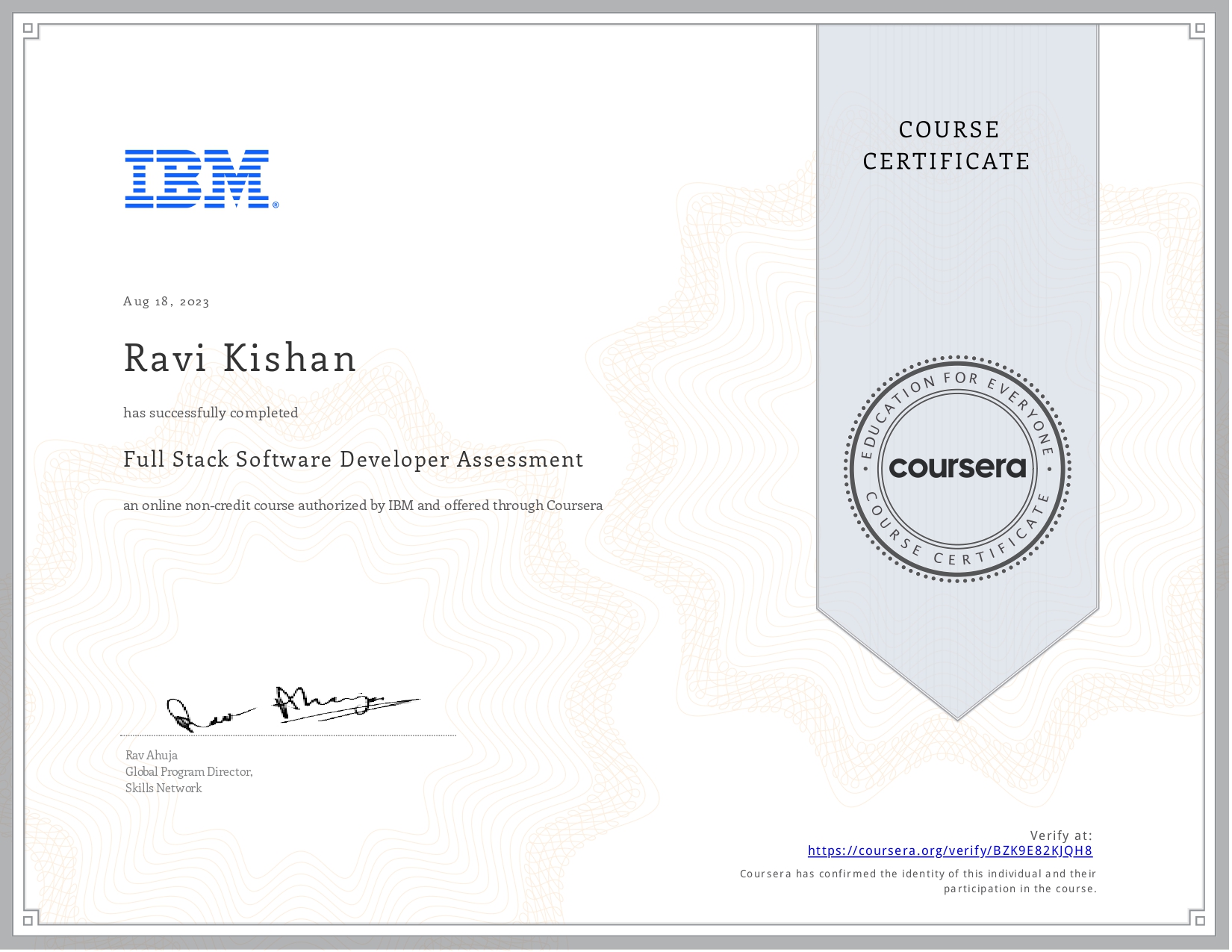 Full Stack Software Developer Assessment certificate Ravi Kishan