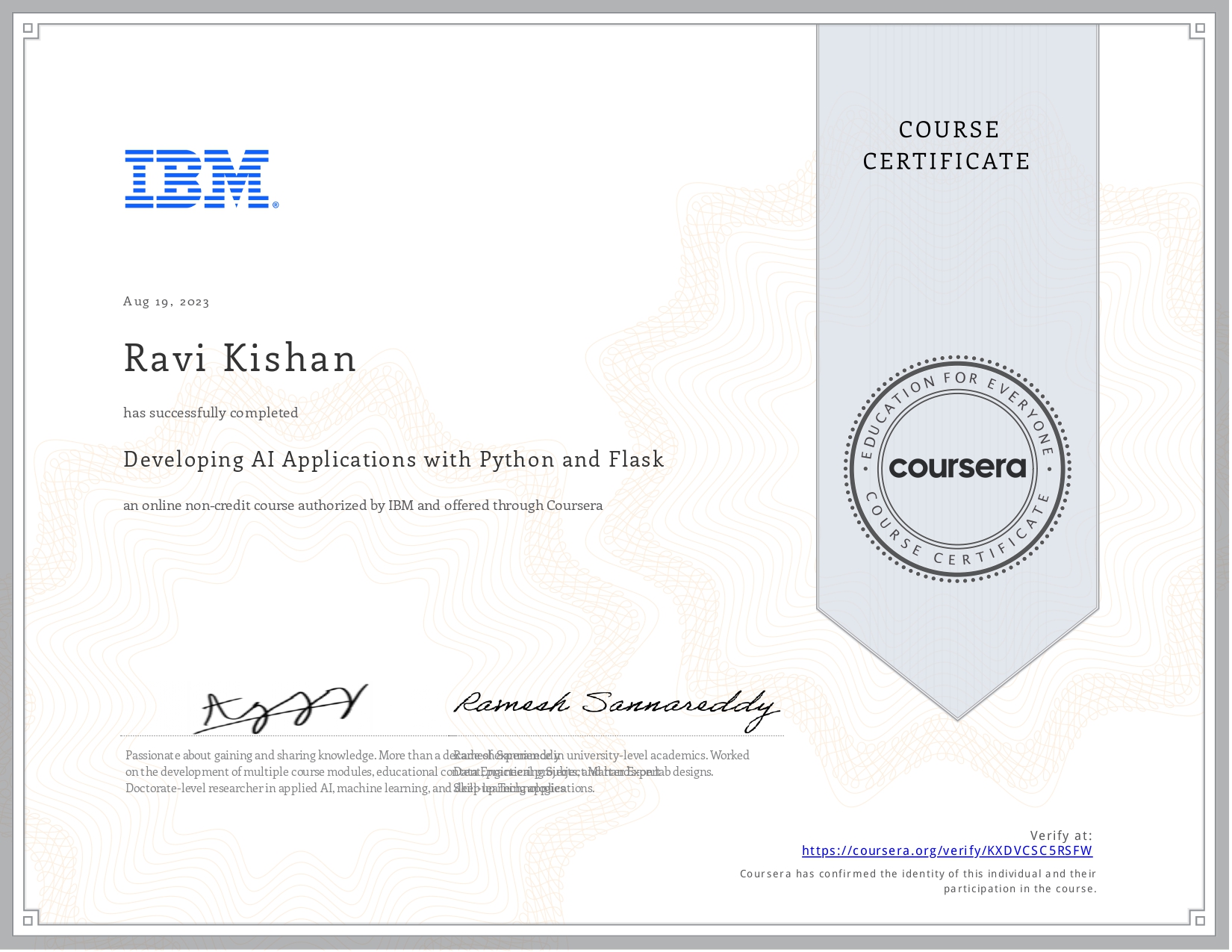 Developing AI Applications with Python and Flask certificate Ravi Kishan