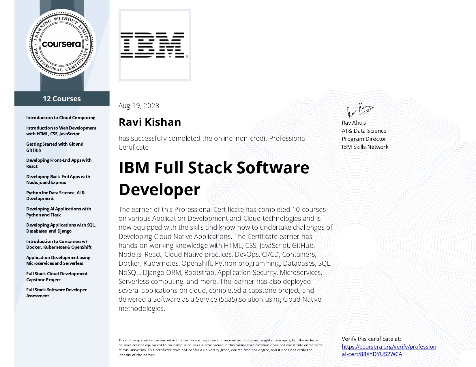 IBM Full Stack Developer certificate Ravi Kishan