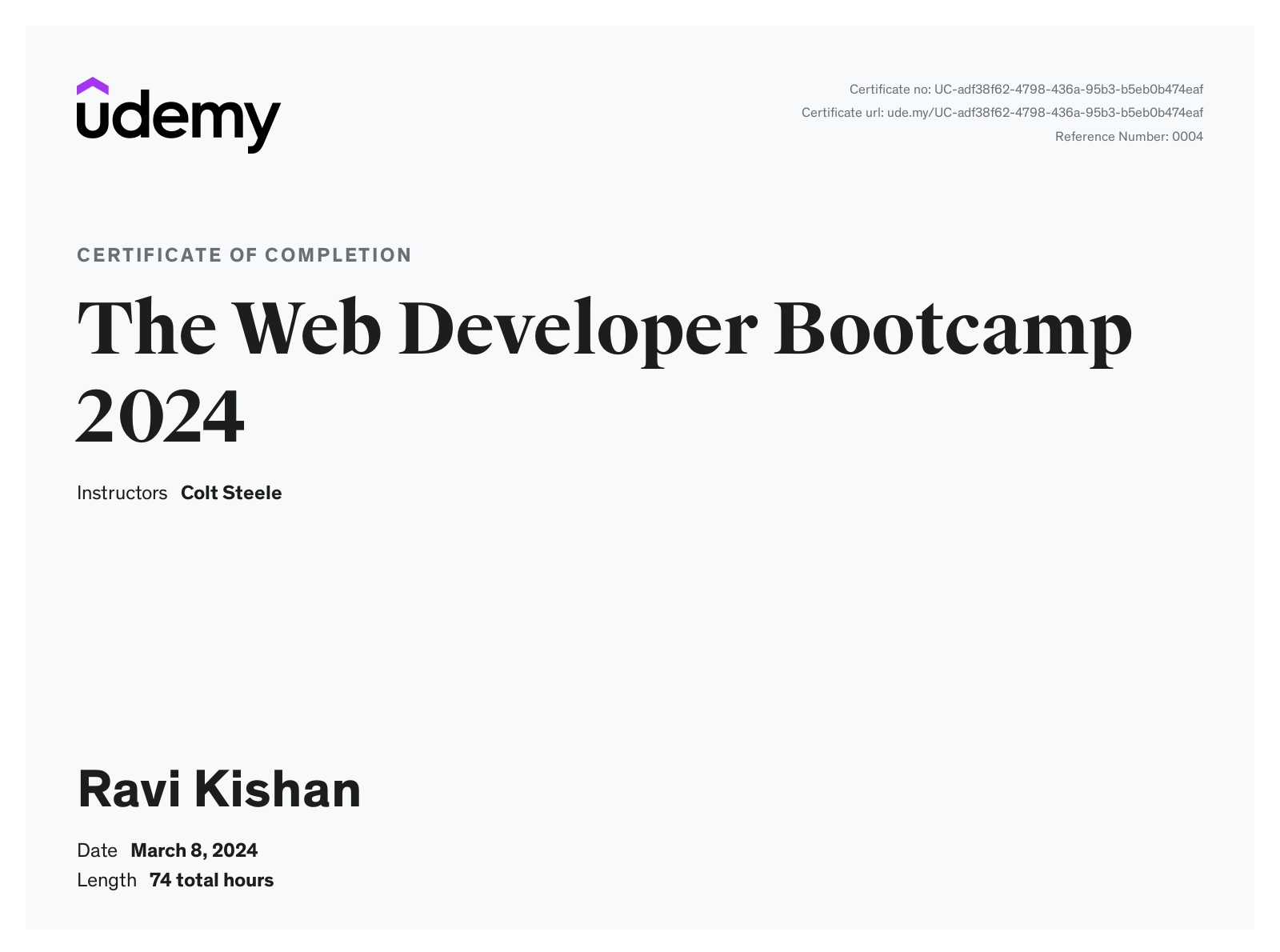 The Web Developer Bootcamp 2024 certificate Ravi Kishan