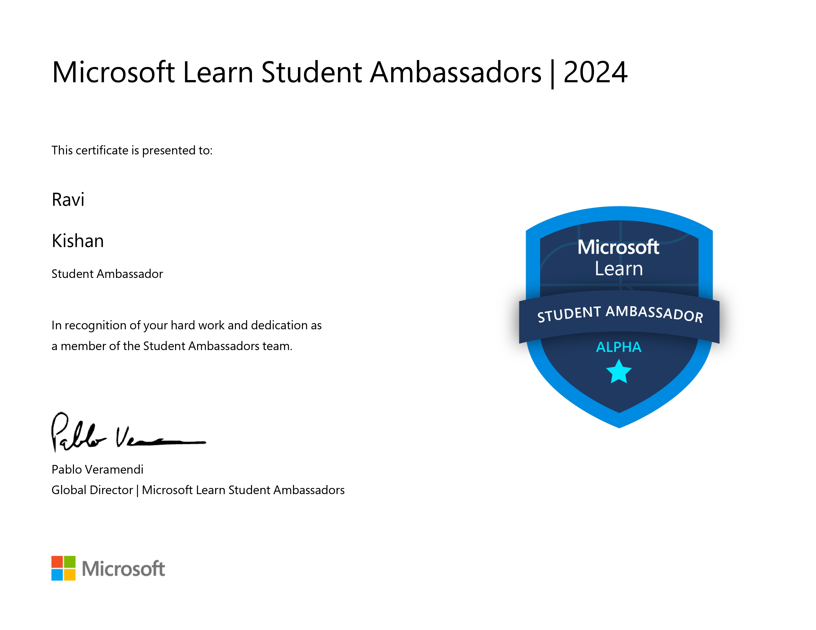 Microsoft Student Ambassador certificate Ravi Kishan