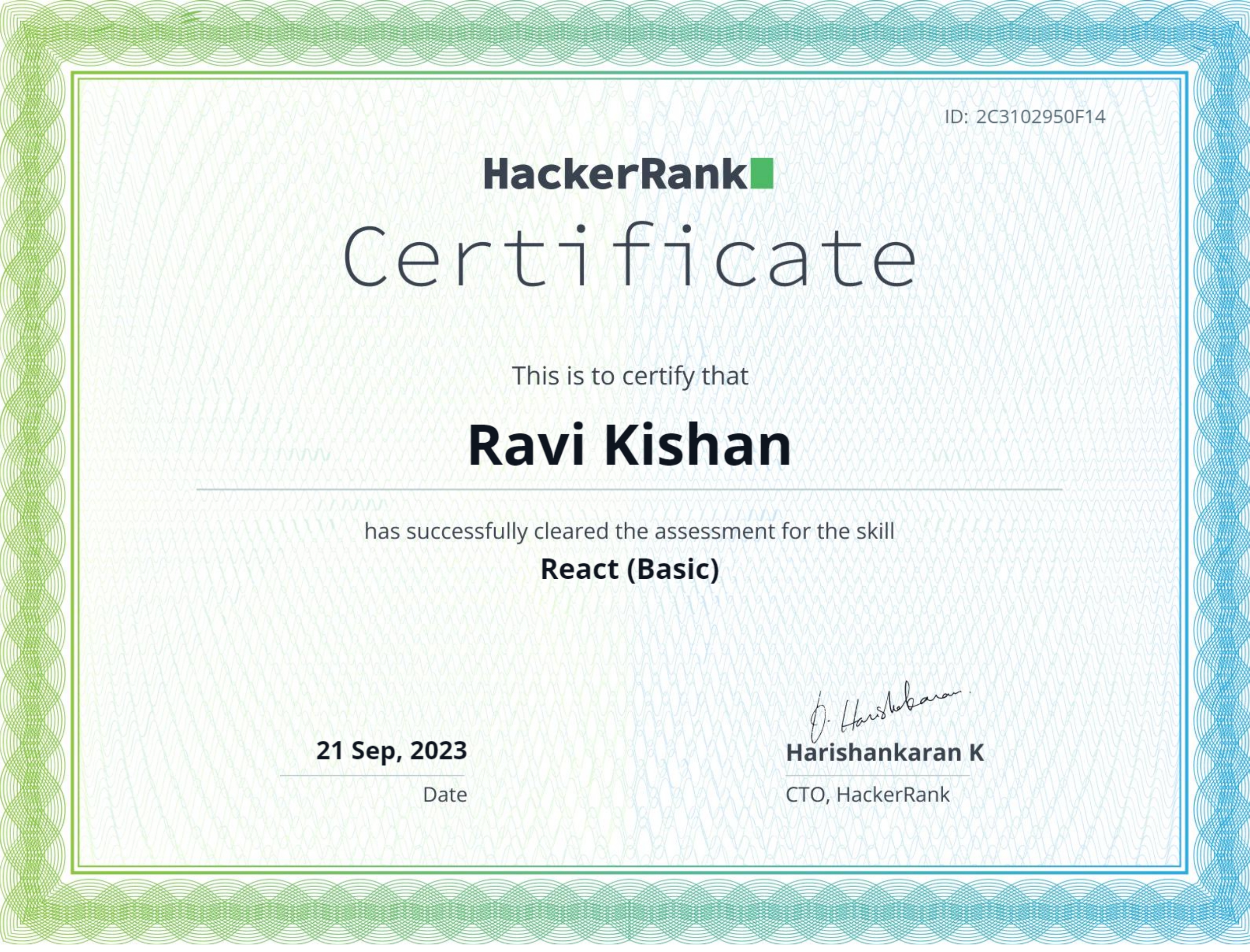 React Basic certificate Ravi Kishan